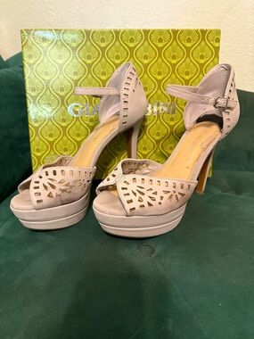 Gianni Bini Light Taupe Cutout Suede Platform Ankle-Strap Heels